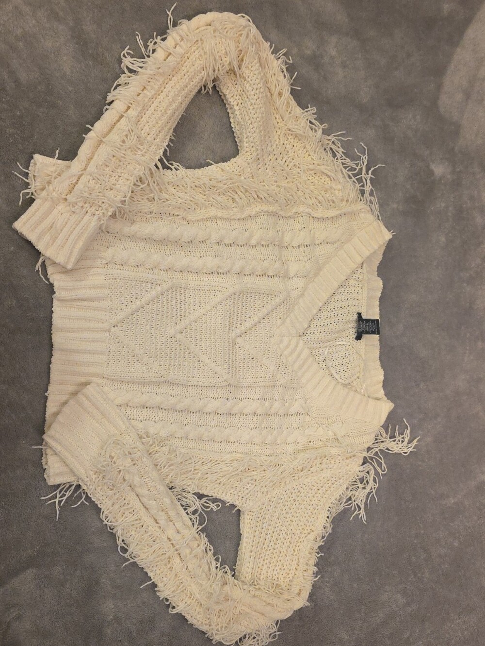 Cream Fringe Cable Knit V-Neck Sweater - Women